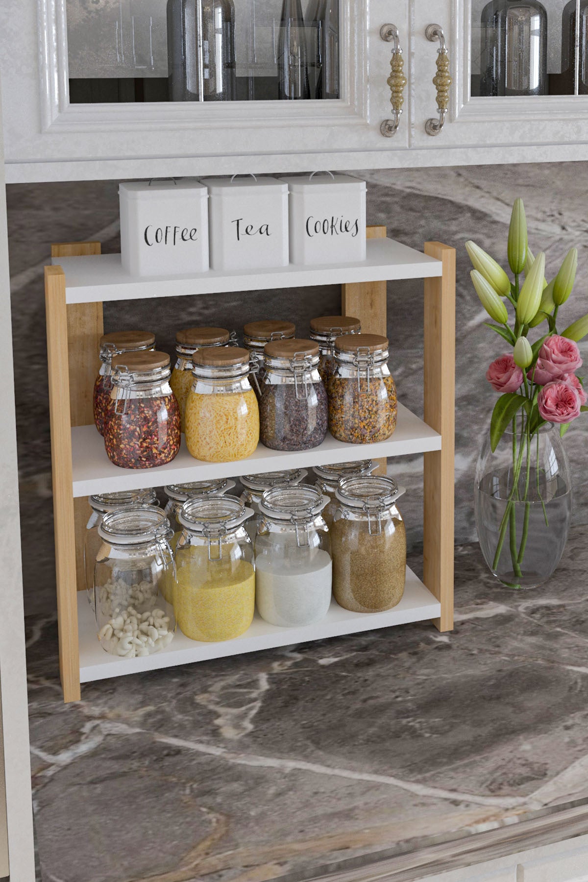 Baharatlık Çok Amaçlı Raf Tezgah Üstü Üç Katlı Baharatlık