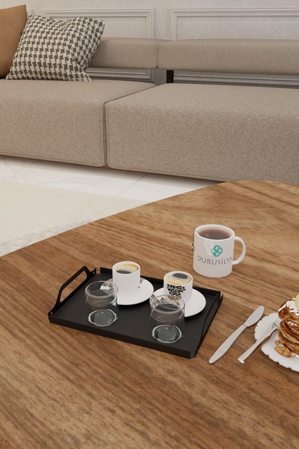 Metal Çay Kahve Pasta Servis Sunum Tepsisi Dekoratif Tepsi