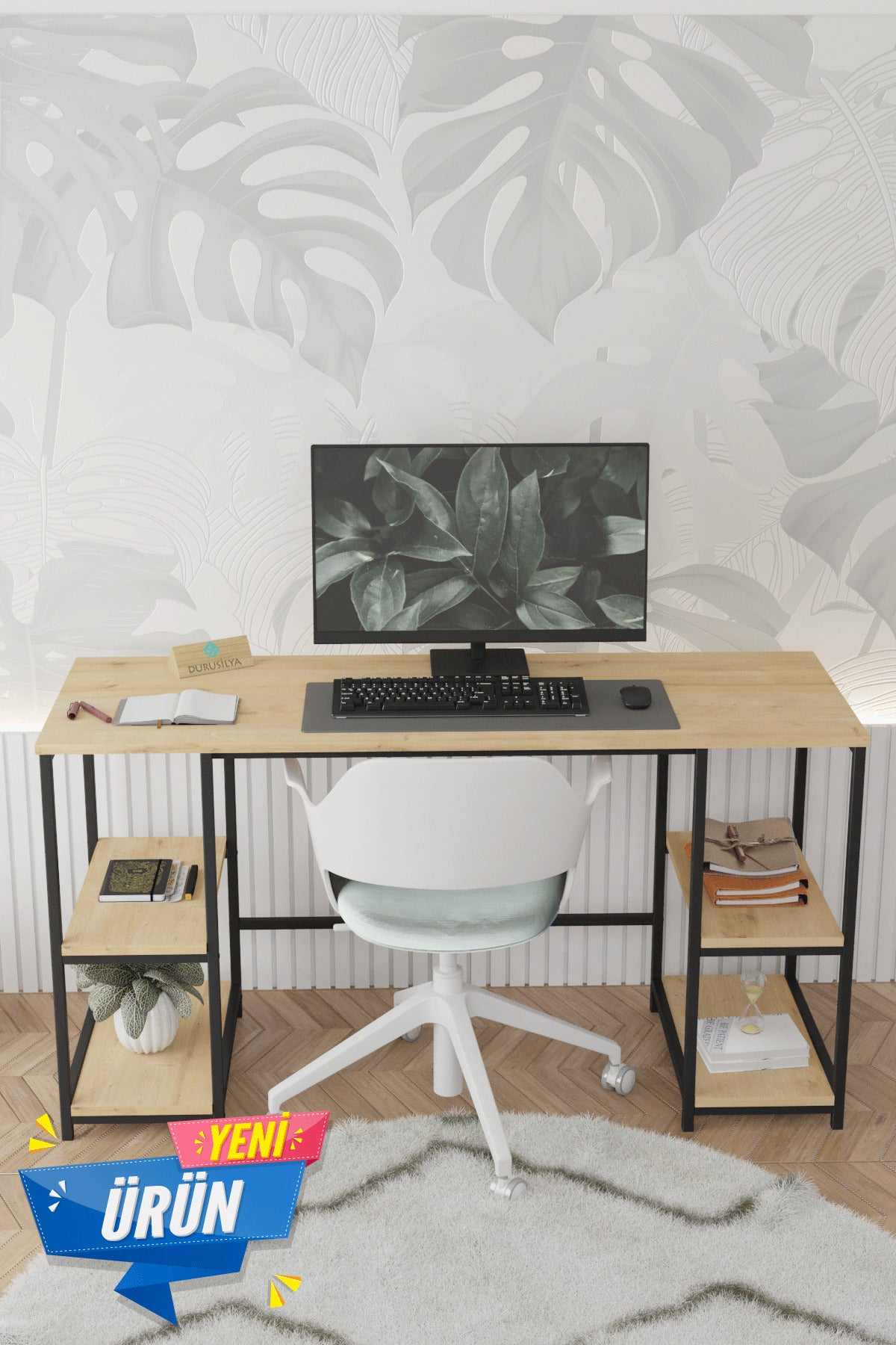 Kitaplıklı Metal Ayaklı Çalışma Masası – 141 × 51 cm, Meşe genel görünüm
