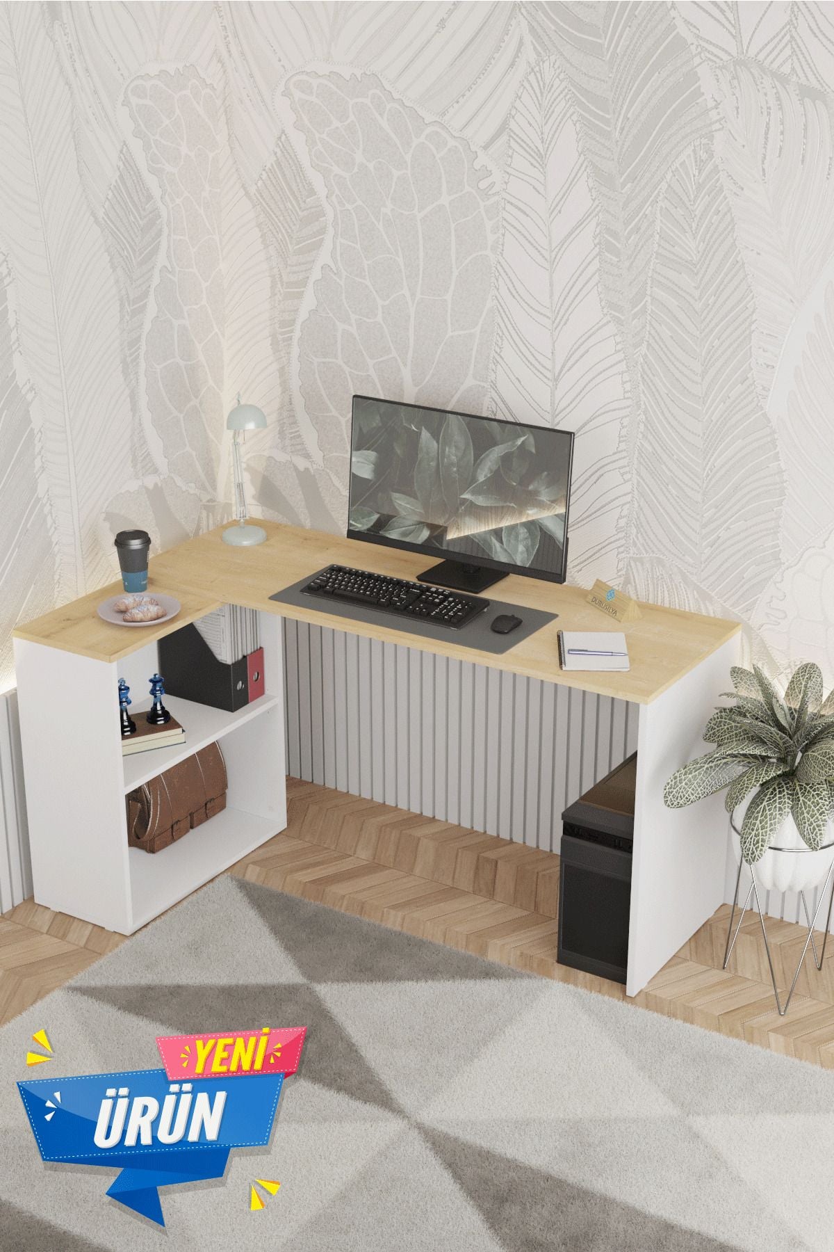 Dolaplı L Çalışma Masası – DR0003, 145 cm, Meşe / Beyaz genel görünüm