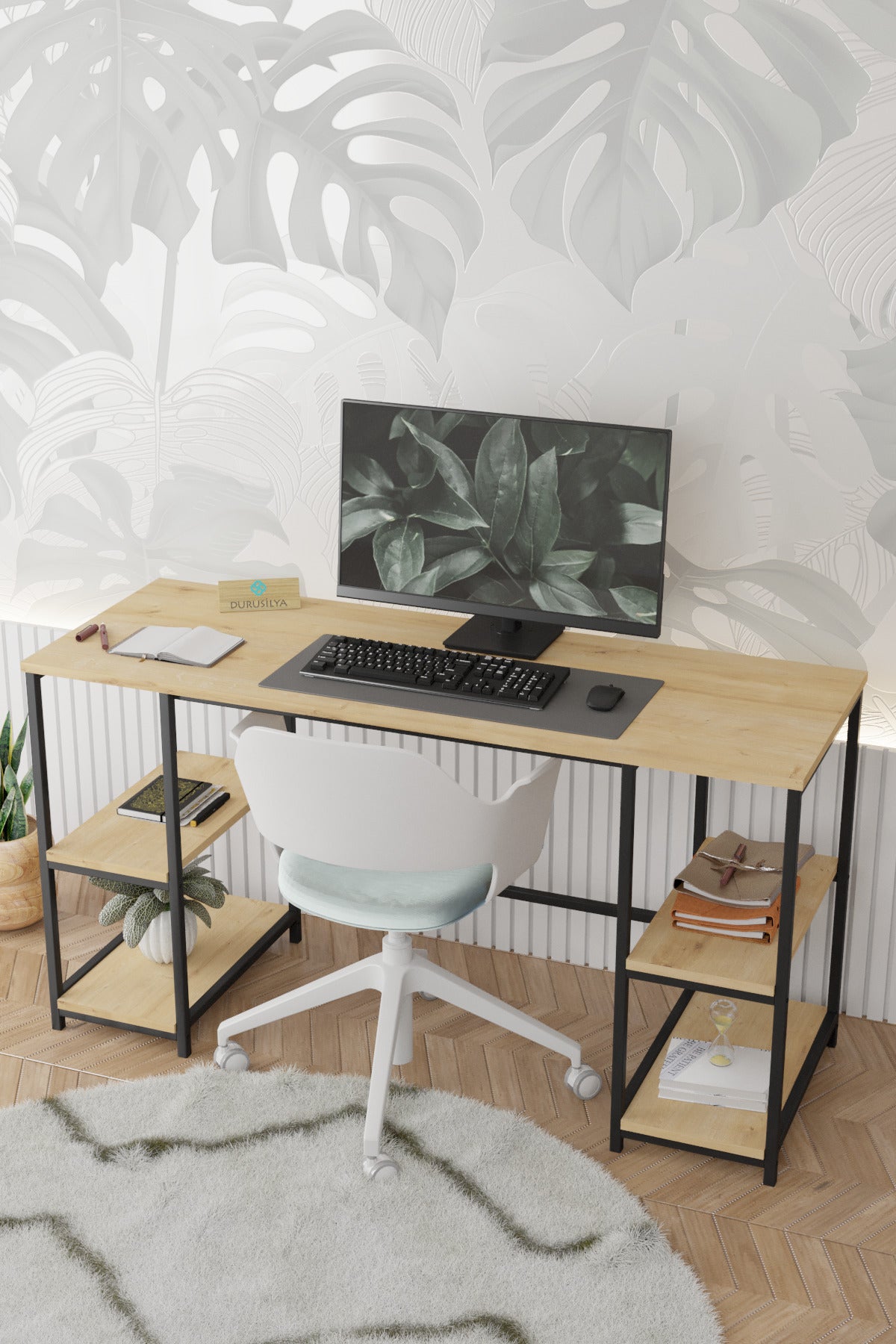 Kitaplıklı Metal Ayaklı Çalışma Masası – 141 × 51 cm, Meşe ürün görseli 2
