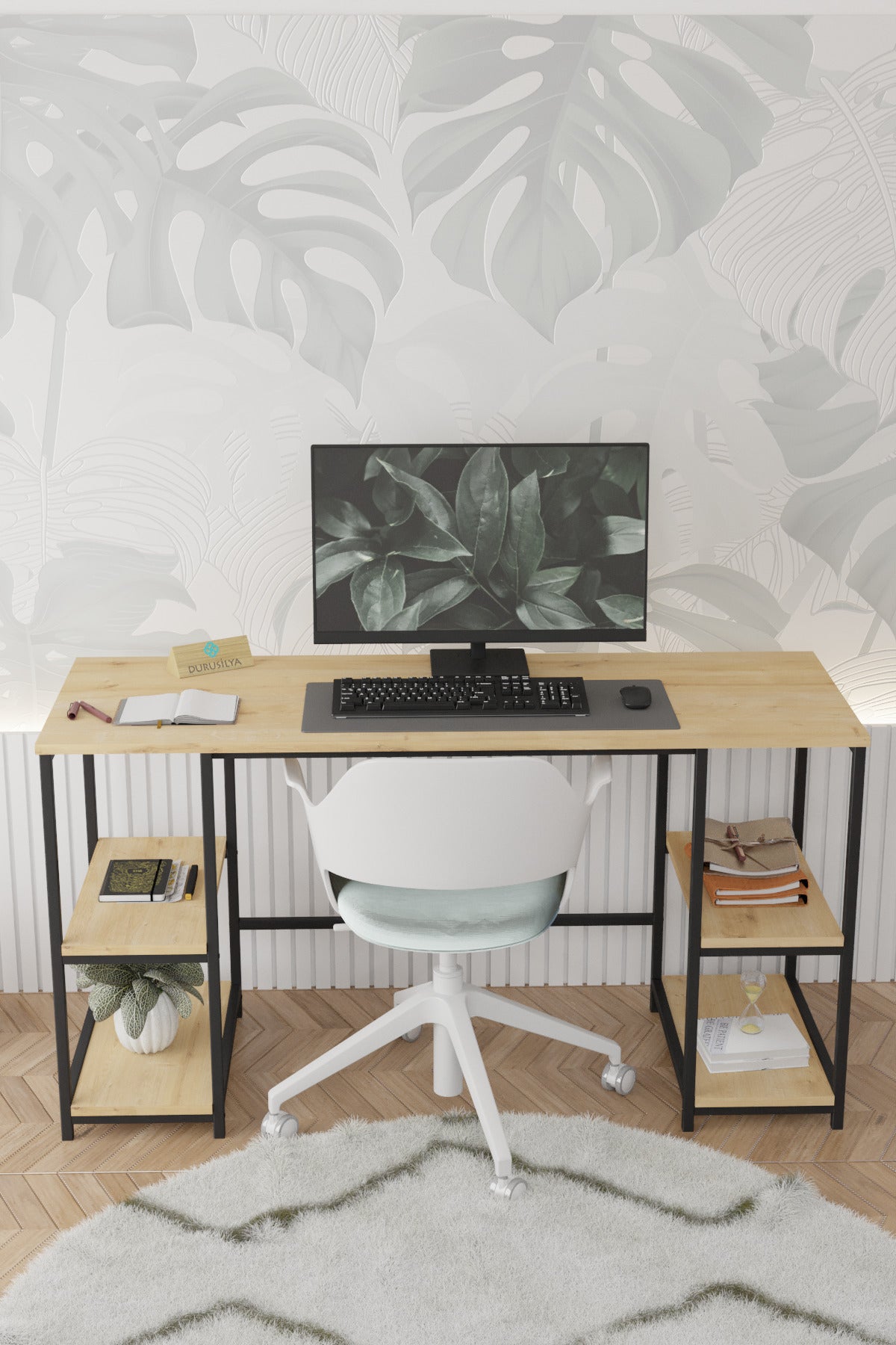 Kitaplıklı Metal Ayaklı Çalışma Masası – 141 × 51 cm, Meşe ürün görseli 5
