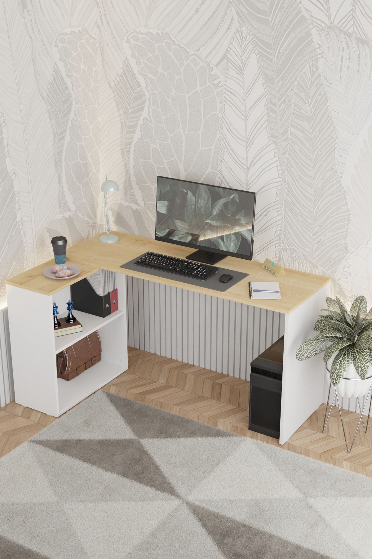 Dolaplı L Çalışma Masası – DR0003, 145 cm, Meşe / Beyaz ürün görseli 4