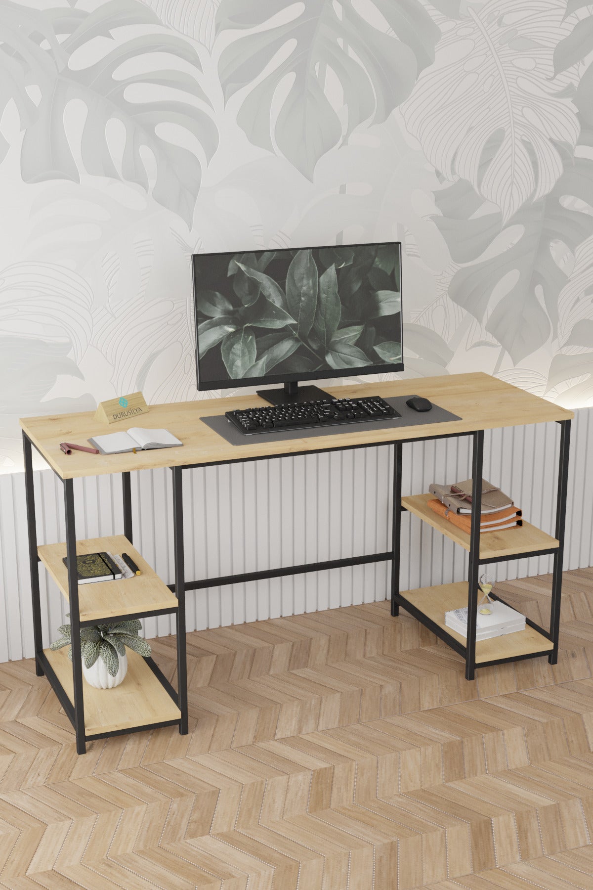 Kitaplıklı Metal Ayaklı Çalışma Masası – 141 × 51 cm, Meşe ürün görseli 4