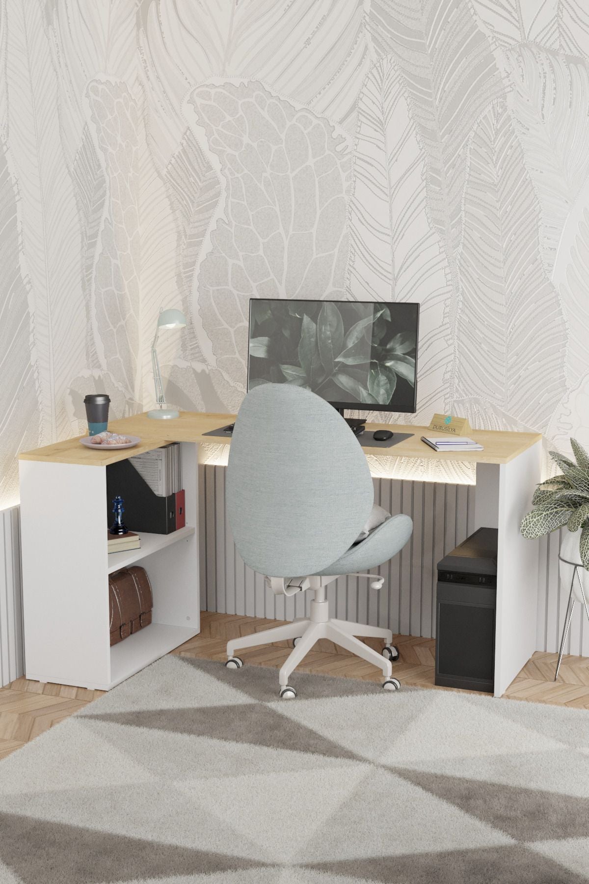 Dolaplı L Çalışma Masası – DR0003, 145 cm, Meşe / Beyaz ürün görseli 5