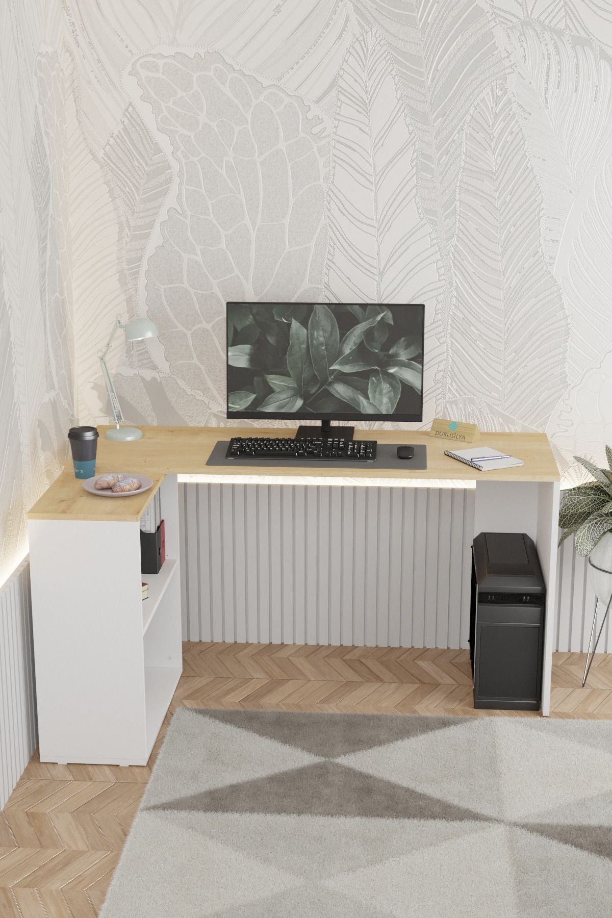 Dolaplı L Çalışma Masası – DR0003, 145 cm, Meşe / Beyaz ürün görseli 2