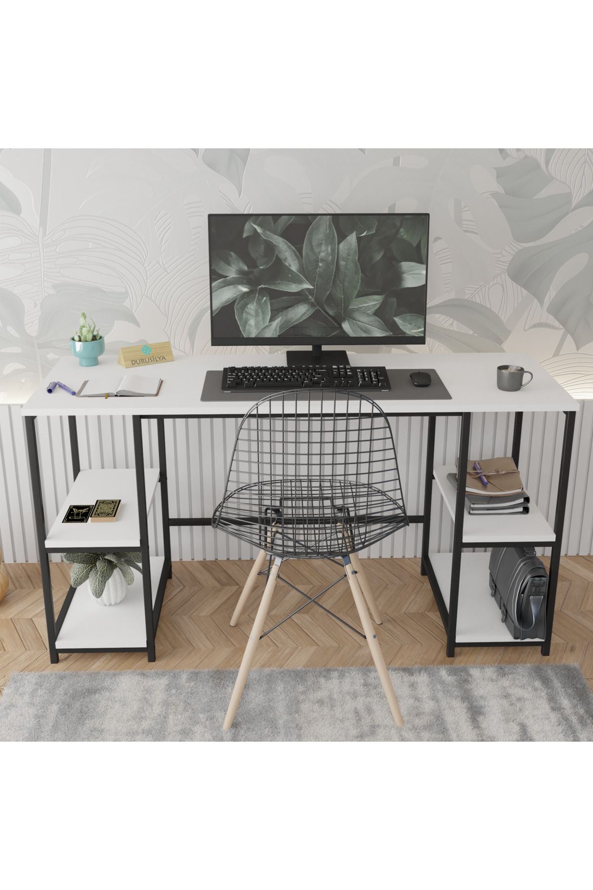 Kitaplıklı Metal Ayaklı Çalışma Masası – 141 × 51 cm, Beyaz ürün görseli 4