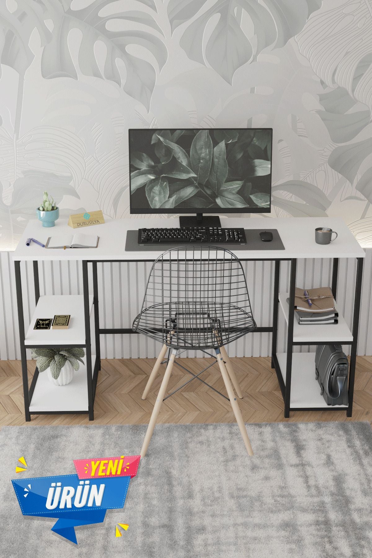 Kitaplıklı Metal Ayaklı Çalışma Masası – 141 × 51 cm, Beyaz genel görünüm