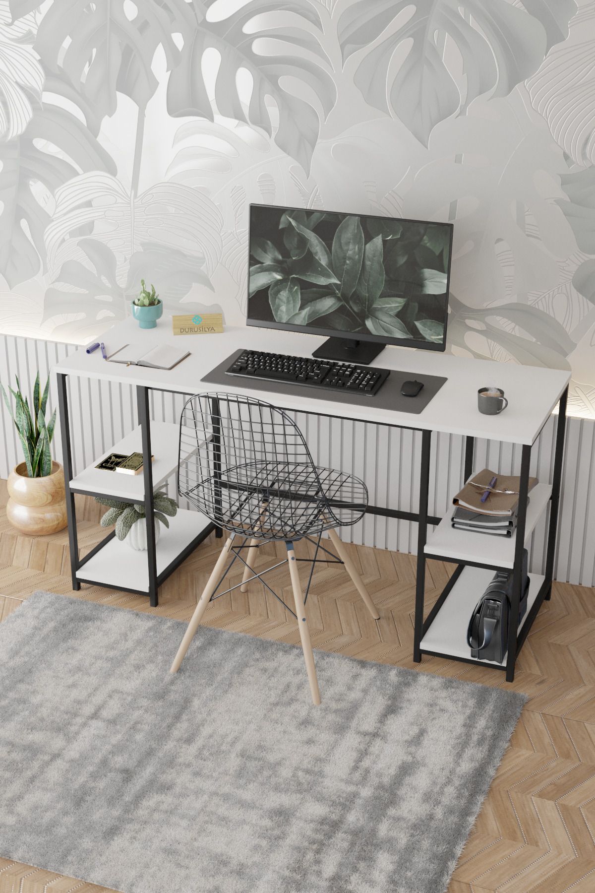 Kitaplıklı Metal Ayaklı Çalışma Masası – 141 × 51 cm, Beyaz ürün görseli 5
