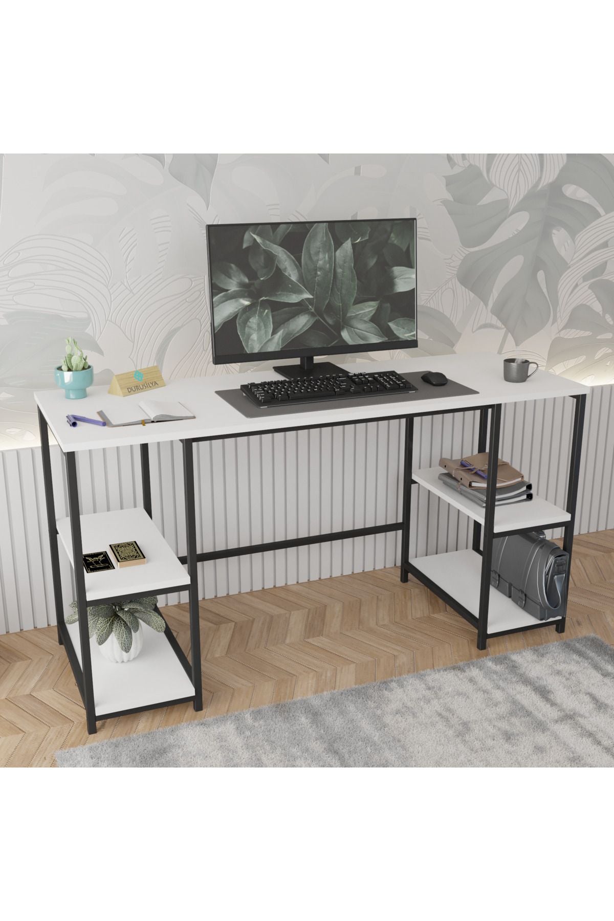 Kitaplıklı Metal Ayaklı Çalışma Masası – 141 × 51 cm, Beyaz ürün görseli 2
