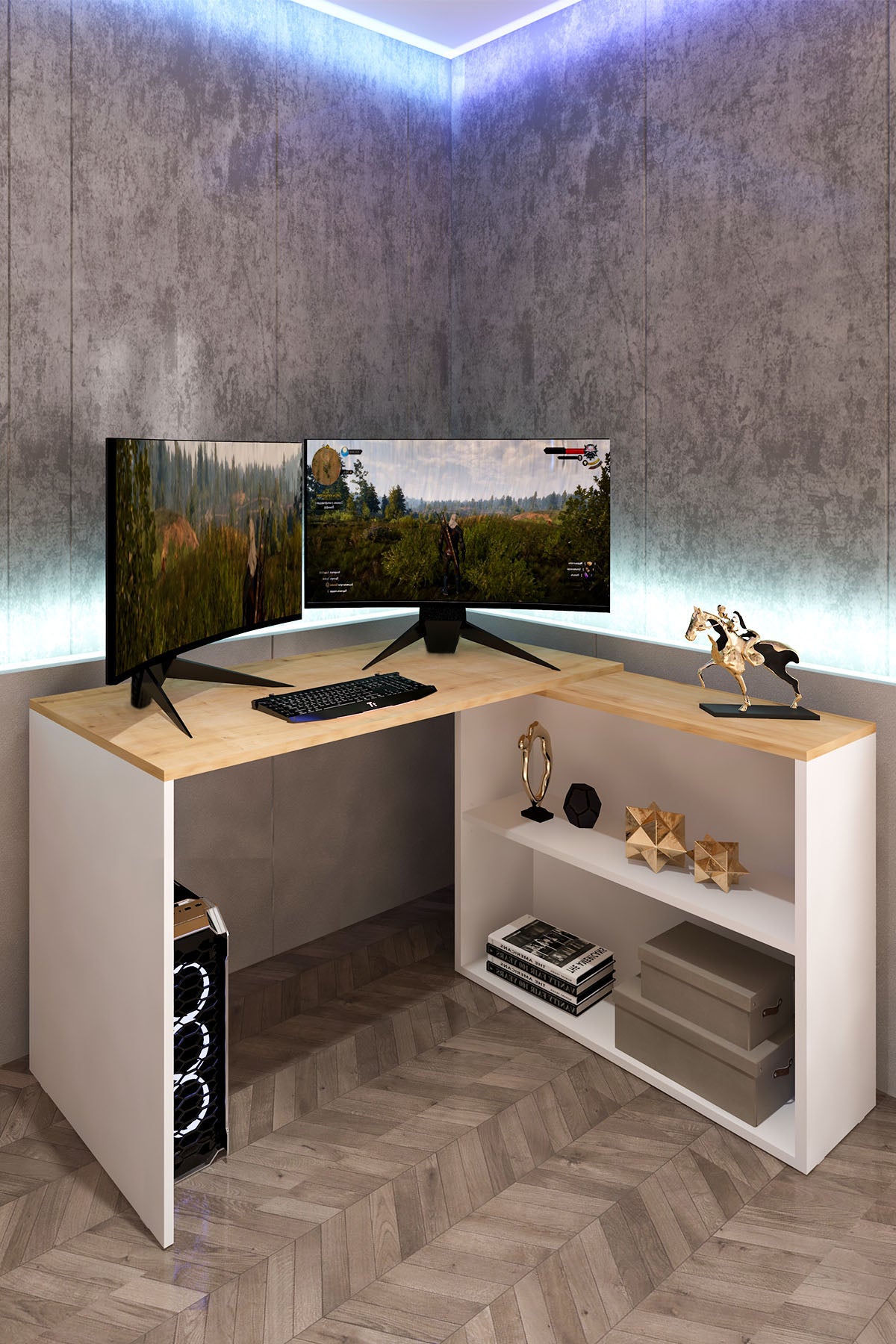 Dolaplı L Çalışma Masası – DR0001, 145 cm, Meşe / Beyaz ürün görseli 2