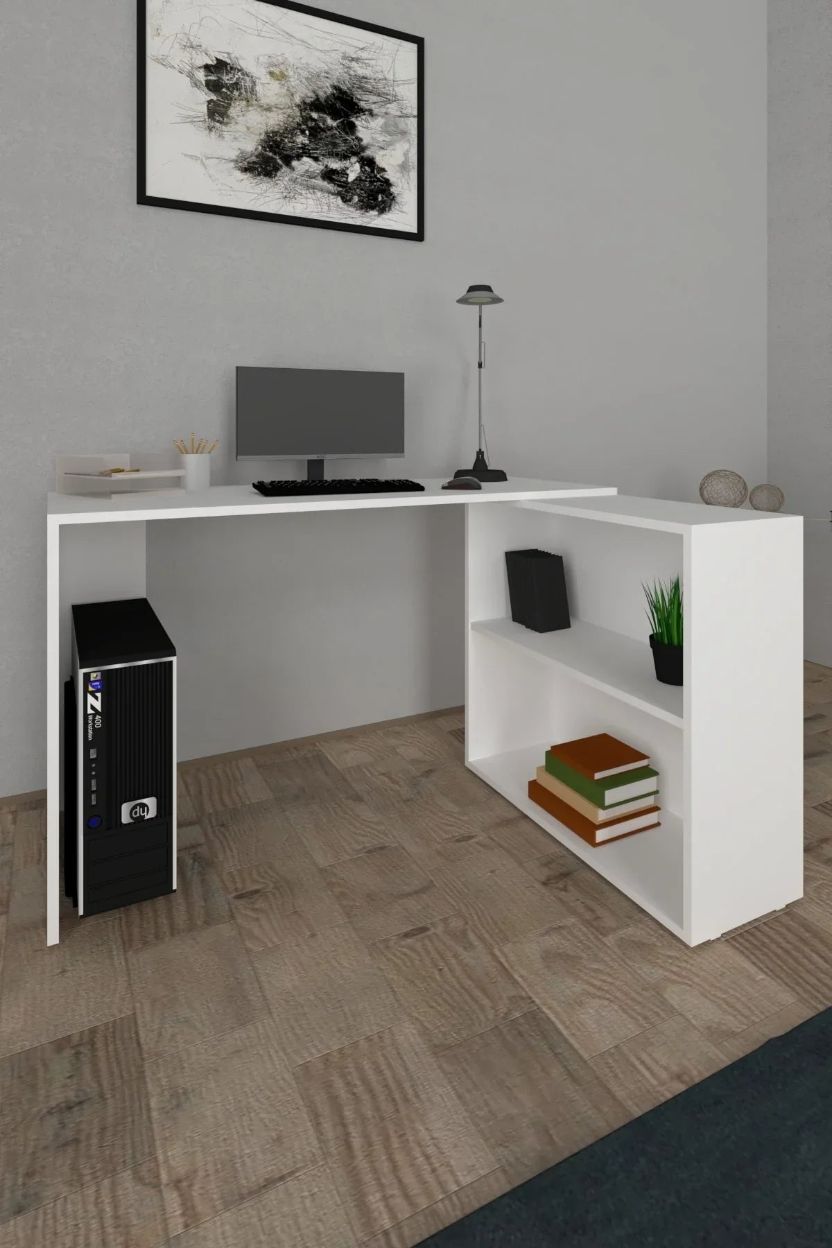 Dolaplı L çalışma masası ölçü ve kullanım detayı